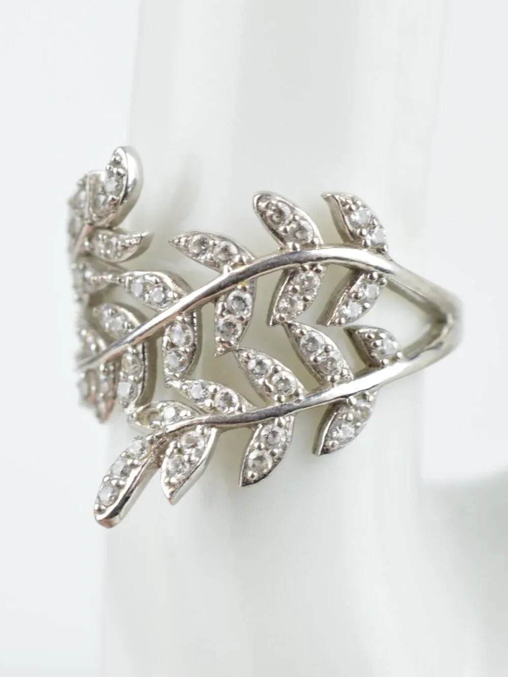 Kiera 925 Sterling Silver CZ Leaf Wrap Bypass Ring Size 7.75 Olive Branch 3.9g